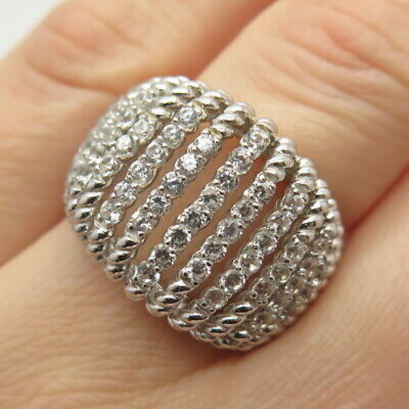 925 Sterling Silver Pave C Z Twisted Wide Ring Size 7